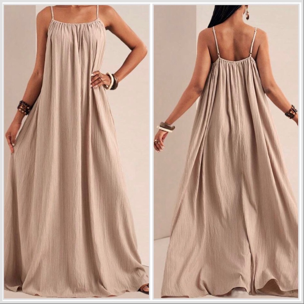 Flowy Beige Maxi Dress with Spaghetti Straps